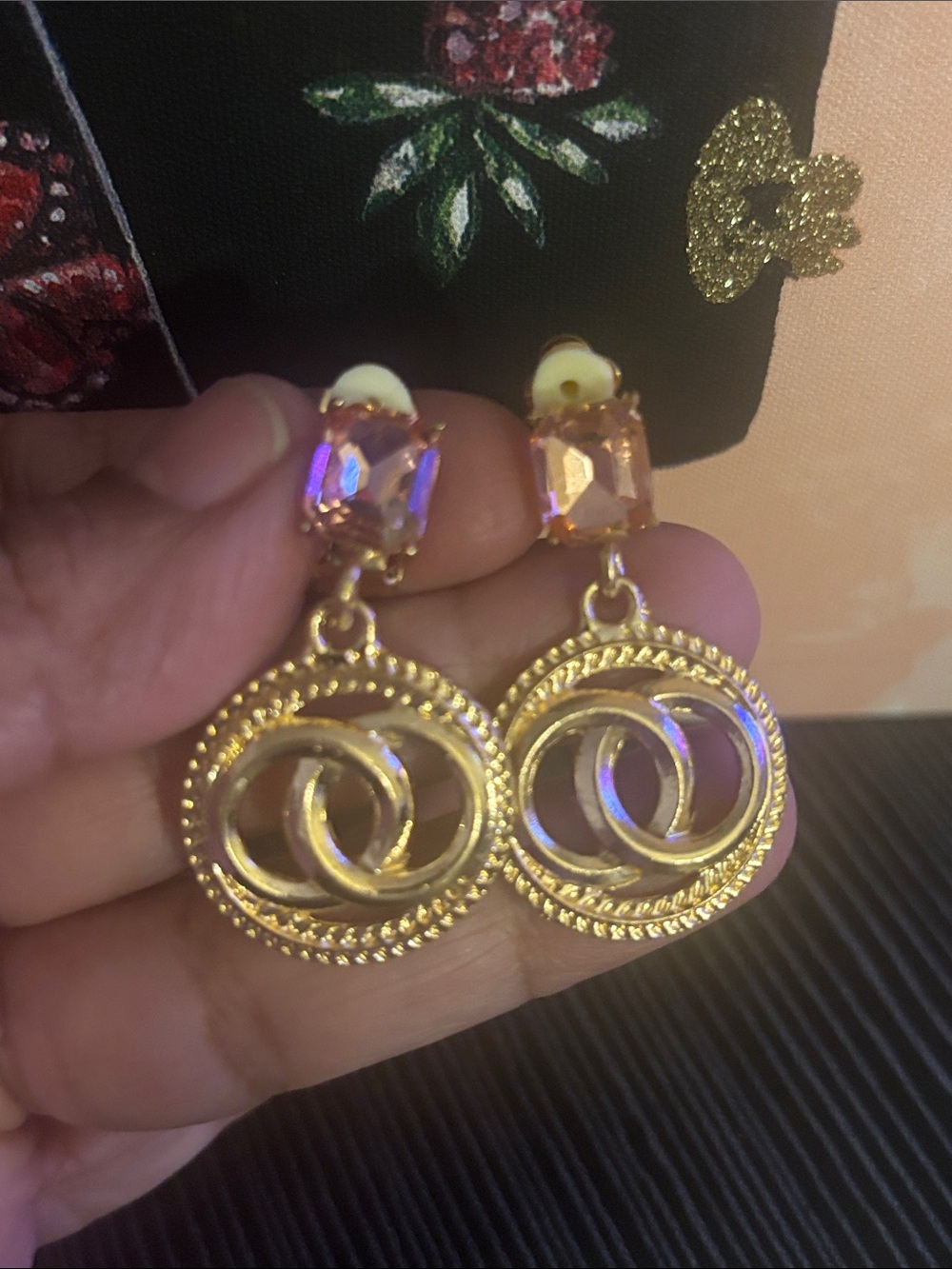 Gold Drop Earrings with Pink Crystal and Interlocking Circles